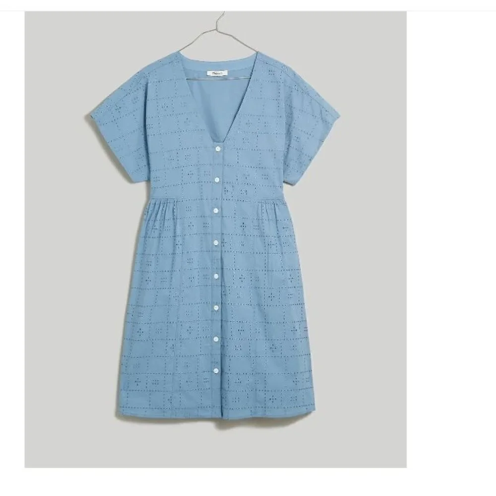 Madewell Button- Front V-neck Flowy A-line Sky Blue Shirt Mini Dress Size Large
